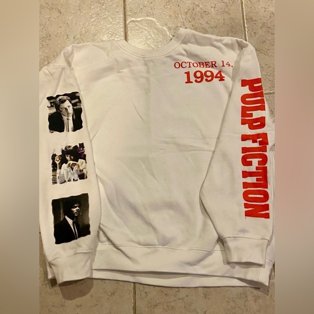 Retro Pulp Fiction Graphic Sweatshirt White Y2K Streetwear Cult Classic - Picture 5 of 9